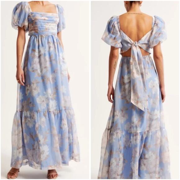 Abercrombie & Fitch Dresses & Skirts - Abercrombie Emerson Drama Bow Back Floral Organza Maxi Dress Blue Large